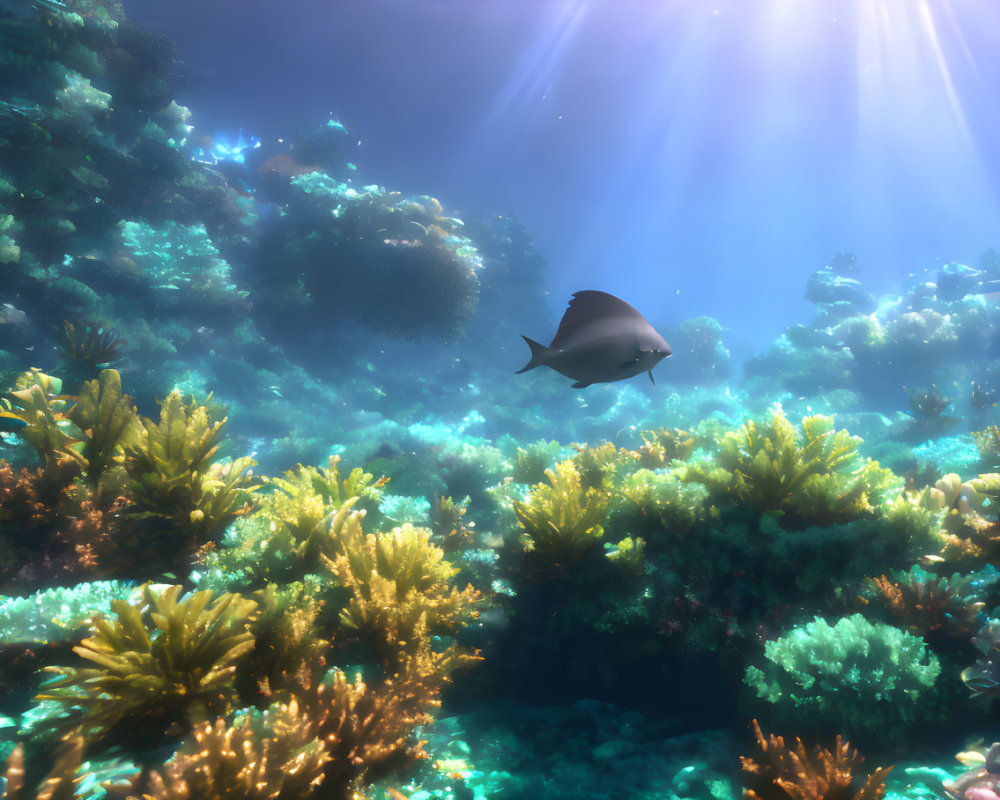 Vibrant Coral Reefs with Sunlit Fish in Underwater Scene