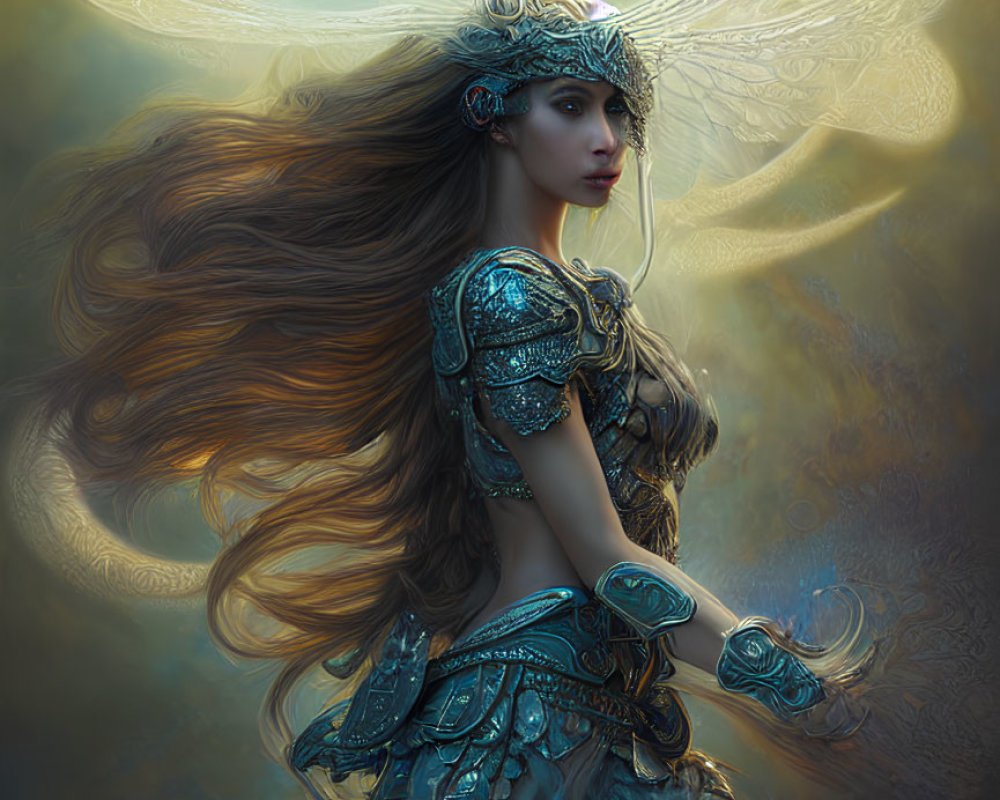 Fantastical female figure in ornate armor with insect-like wings.