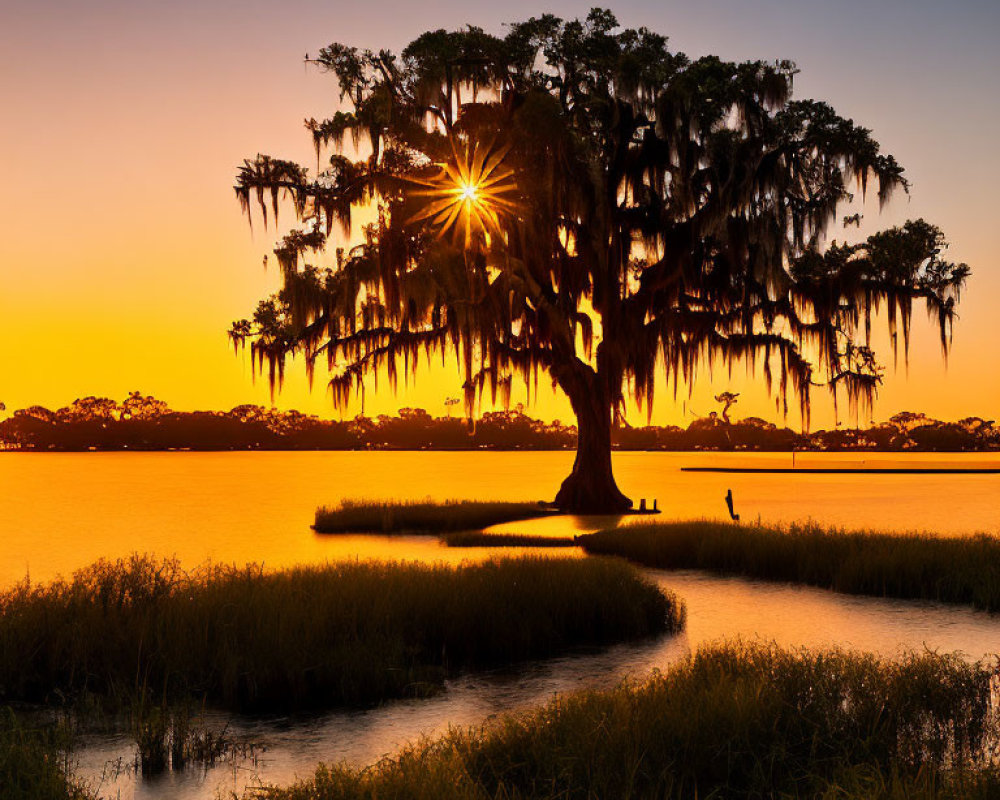 Majestic oak tree with Spanish moss at sunset by serene water body