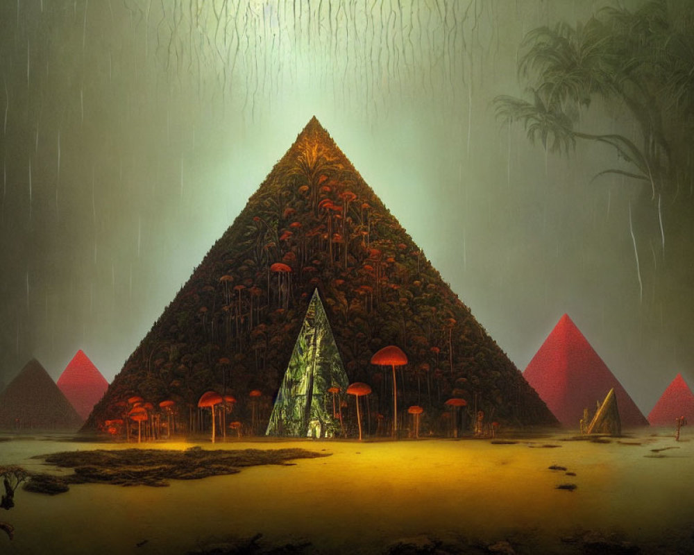 Gigantic pyramid surrounded by mushrooms and foliage in mystical scene