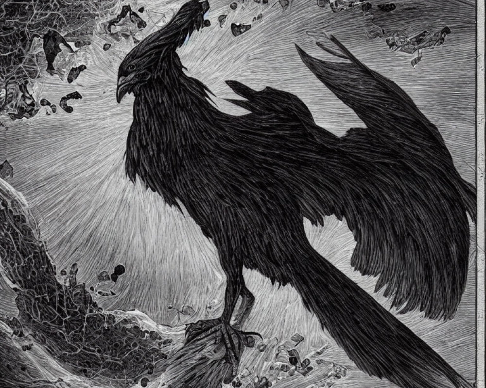 Detailed etched illustration of a black bird on rock with splashing water