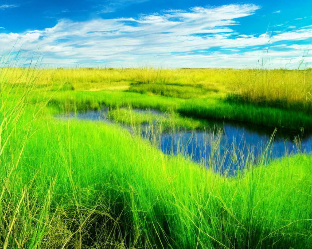 Lush green marshland with tall grasses by calm blue water