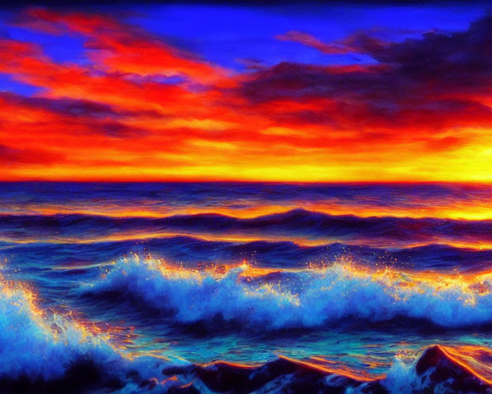 Colorful Sunset Over Ocean with Fiery Reds and Deep Blues