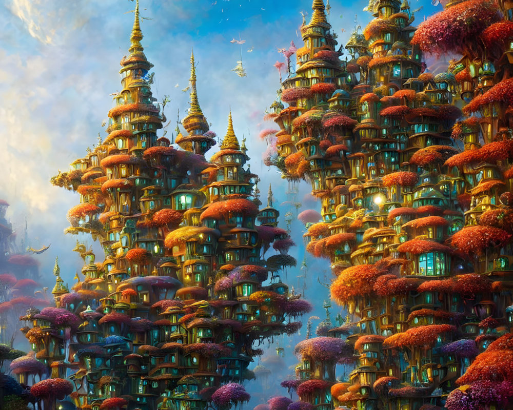 Fantasy landscape with pagoda-style structures and mushroom-covered trees.