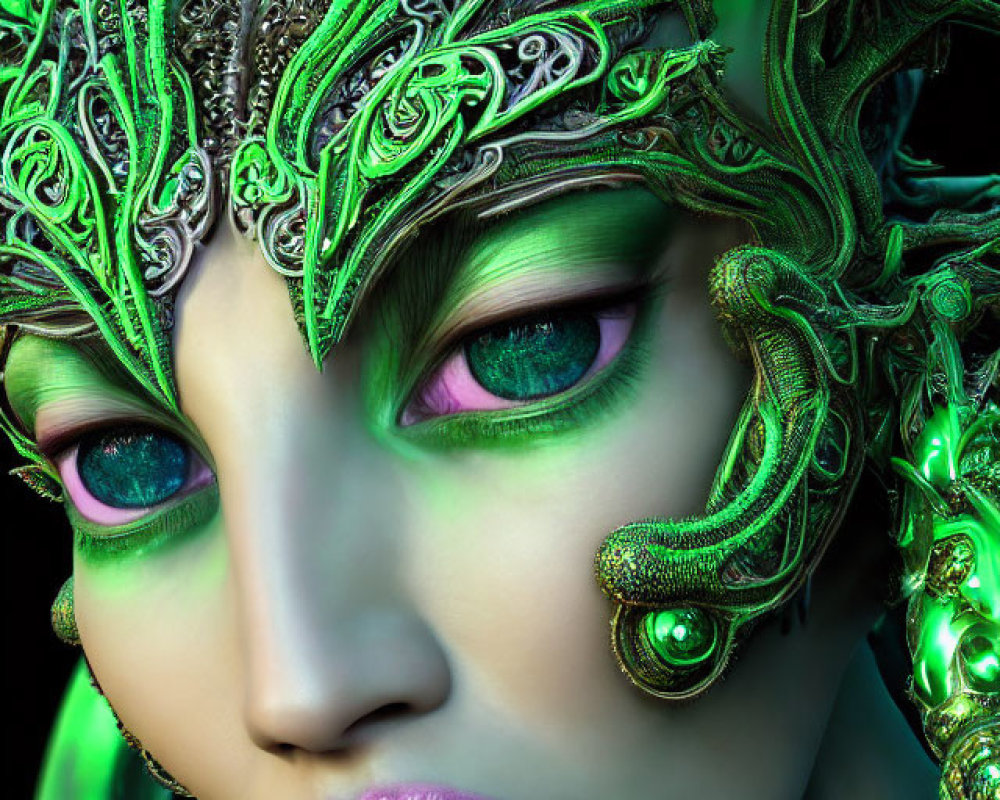 Close-up portrait of person with ornate green and gold headgear, green eyes, and purple lips