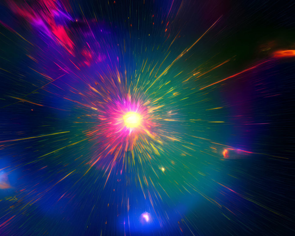 Colorful cosmic explosion with radiant streaks on dark space backdrop