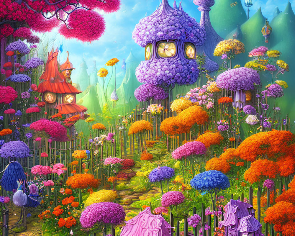 Fantastical garden with whimsical structures and colorful flora