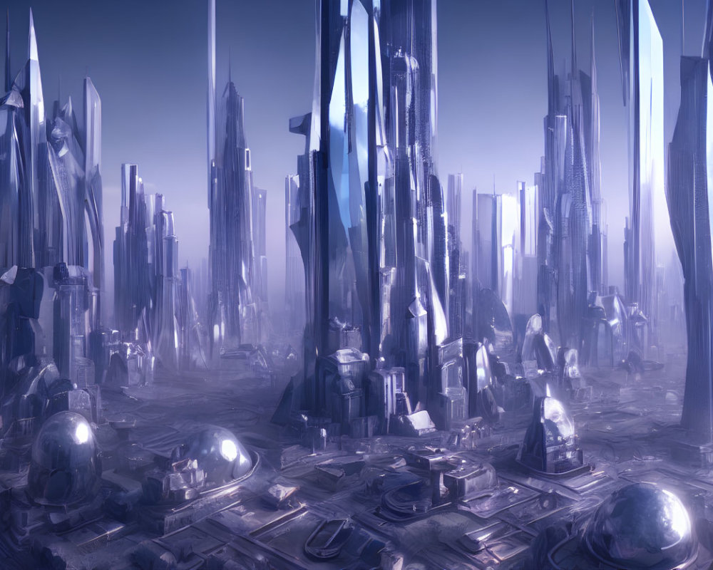 Futuristic cityscape with towering skyscrapers in monochromatic blue haze