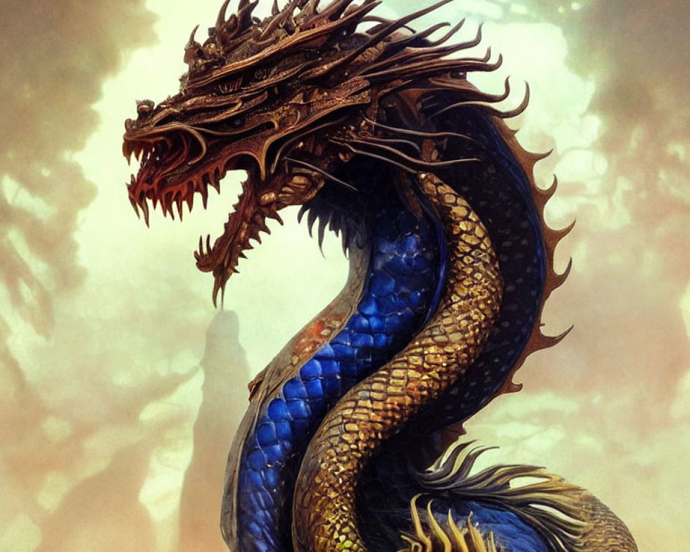 Blue dragon with golden accents and sharp horns against cloudy backdrop.