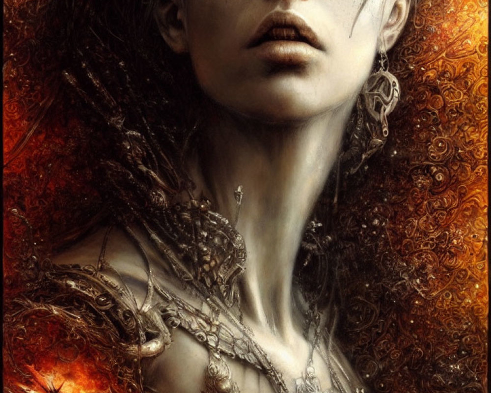 Digital Artwork: Woman with Silver Jewelry and Fiery Elements