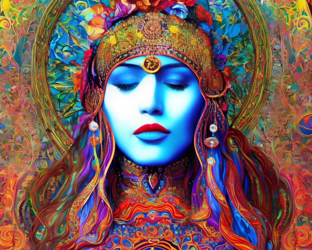 Colorful Psychedelic Portrait of Woman with Blue Skin and Ornate Headdress