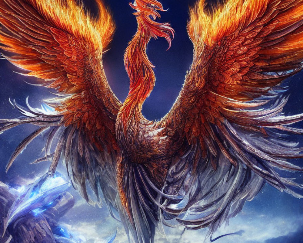 Majestic phoenix with fiery wings against blue clouds and rocky terrain