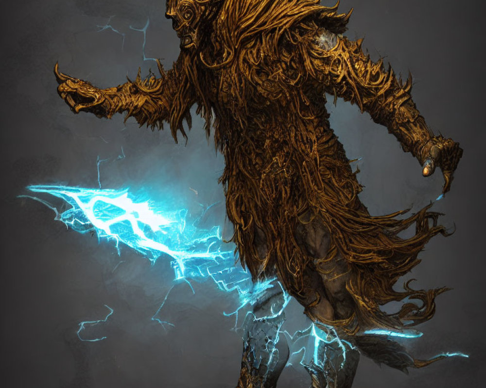 Mythical tree-like creature casting lightning spell in dark setting