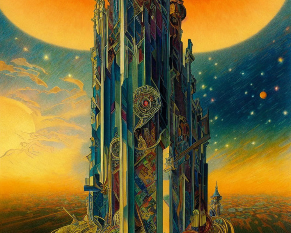 Fantastical ornate tower against sunset sky with stars and planets