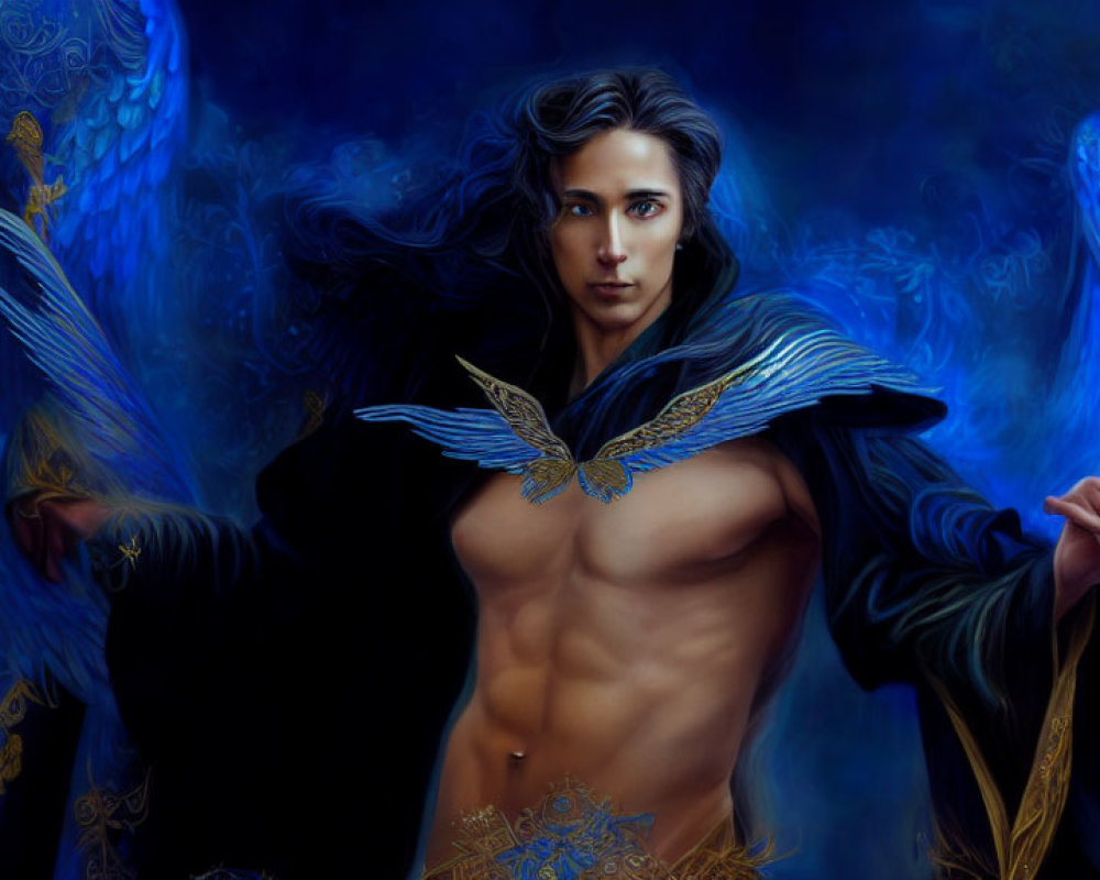 Mystical male figure with birds in ornate blue cloak