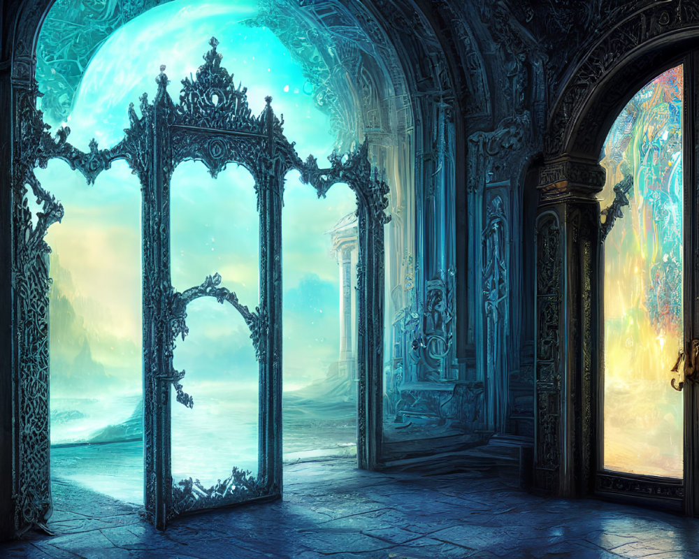 Ornate open doorway to vibrant magical landscape with glowing sky