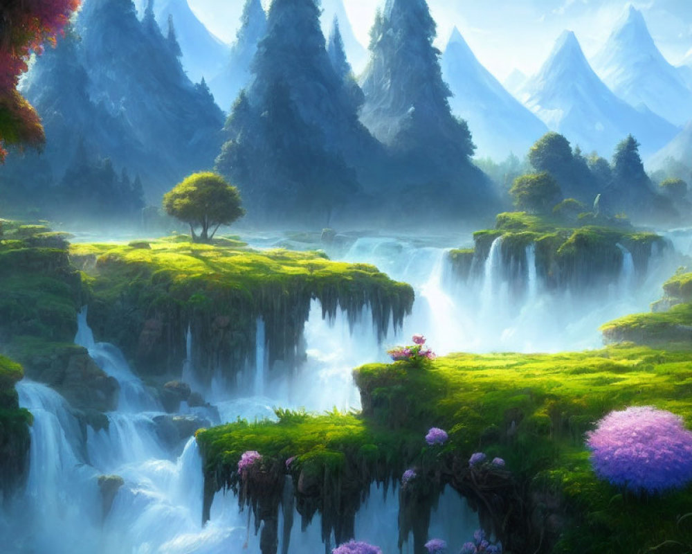 Scenic landscape with waterfalls, flora, and misty mountains