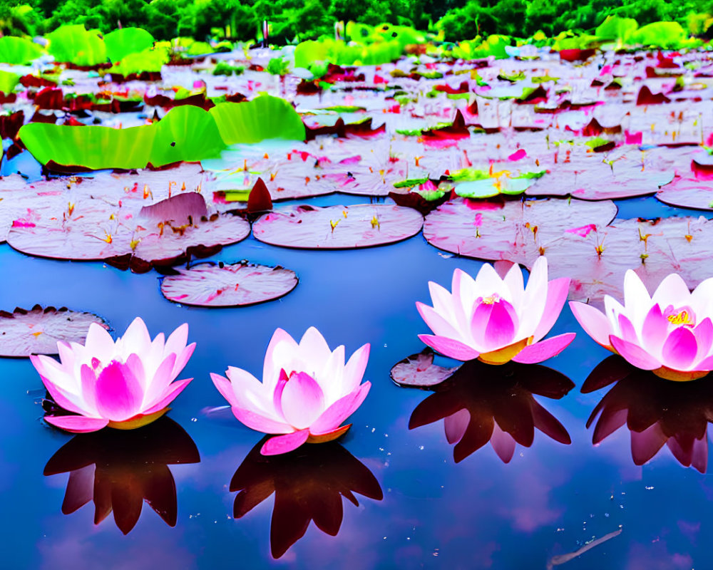 Pink Water Lilies Blooming on Green Lily Pads in Blue Pond