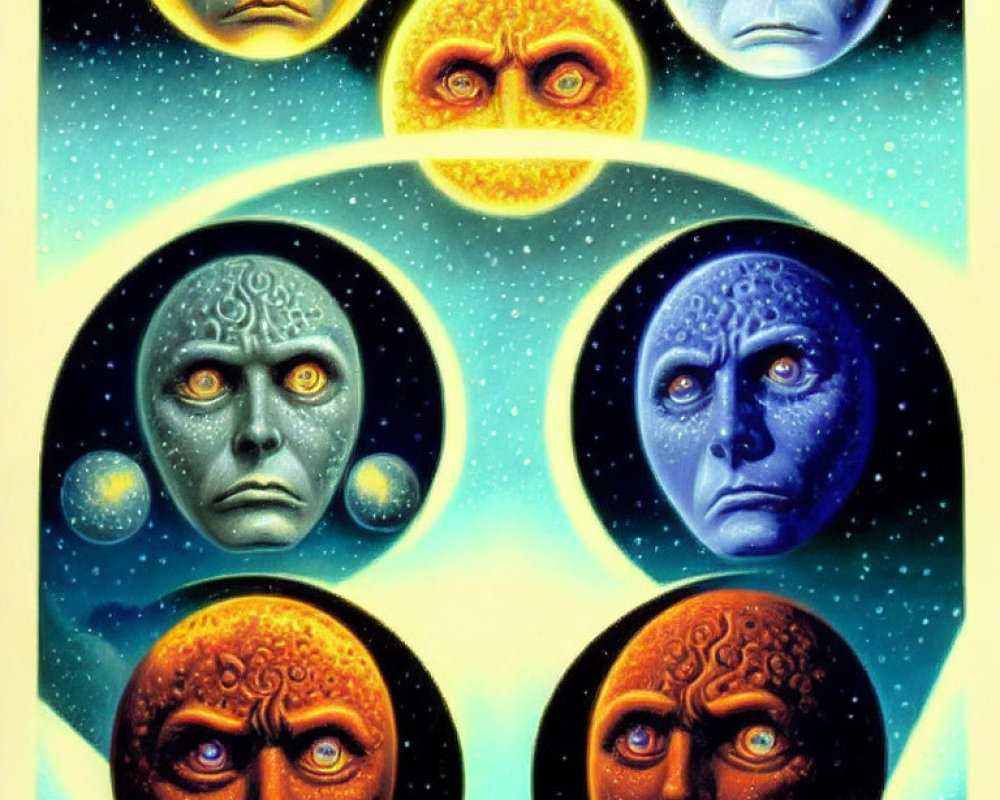 Vibrant surreal artwork: six celestial bodies with expressive faces