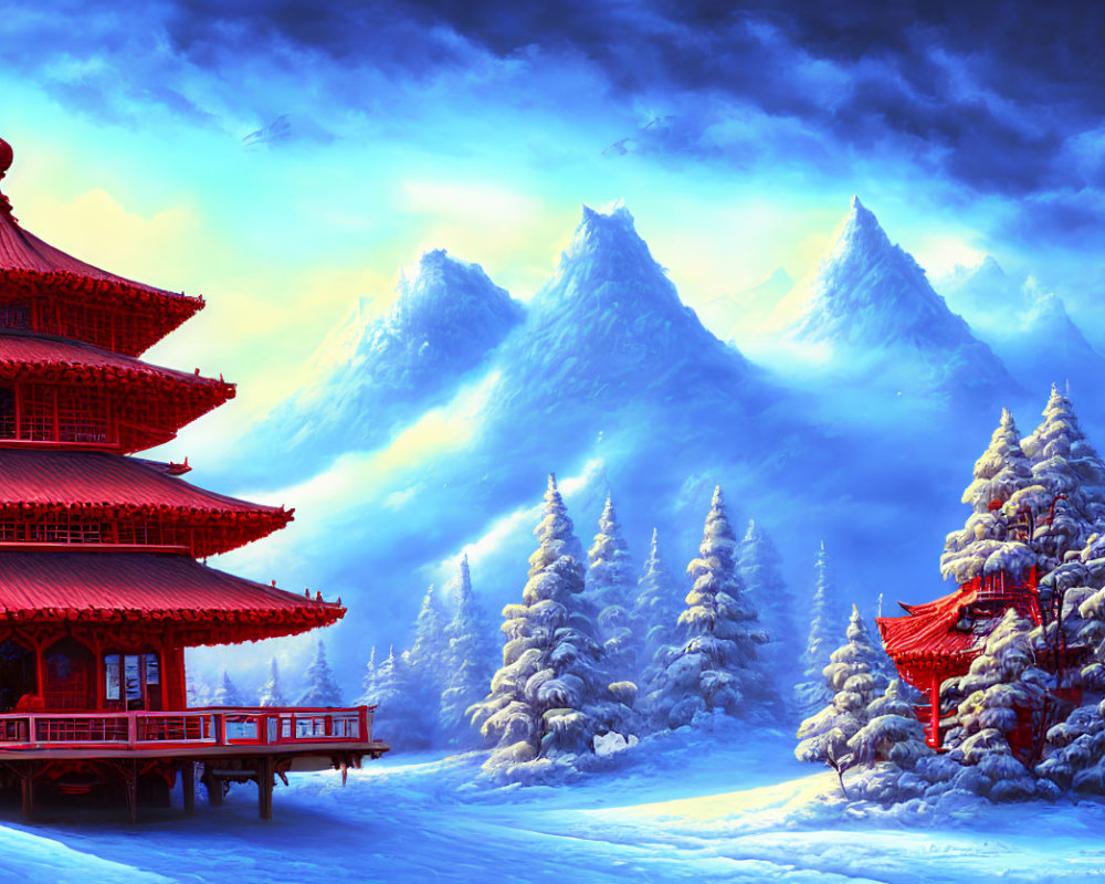 Traditional red pagoda in snowy landscape with pine trees and misty mountains at twilight