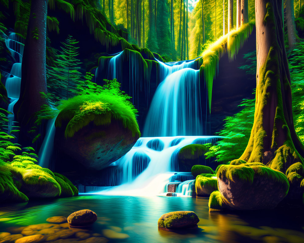 Tranquil waterfall in lush greenery with sunlight rays