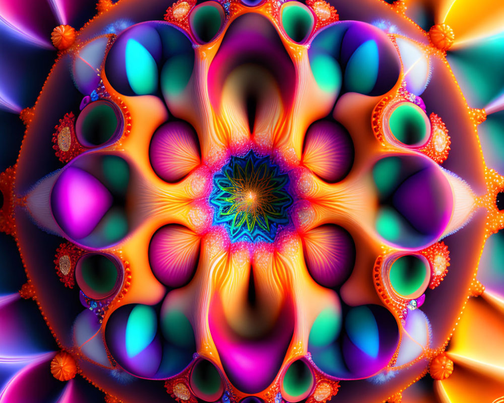 Colorful Fractal Image with Kaleidoscopic Pattern in Blue, Purple, Orange, and Yellow