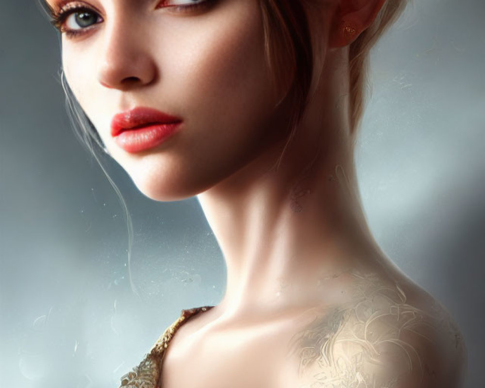 Digital artwork: Woman with auburn hair, blue eyes, fair skin, and golden shoulder armor