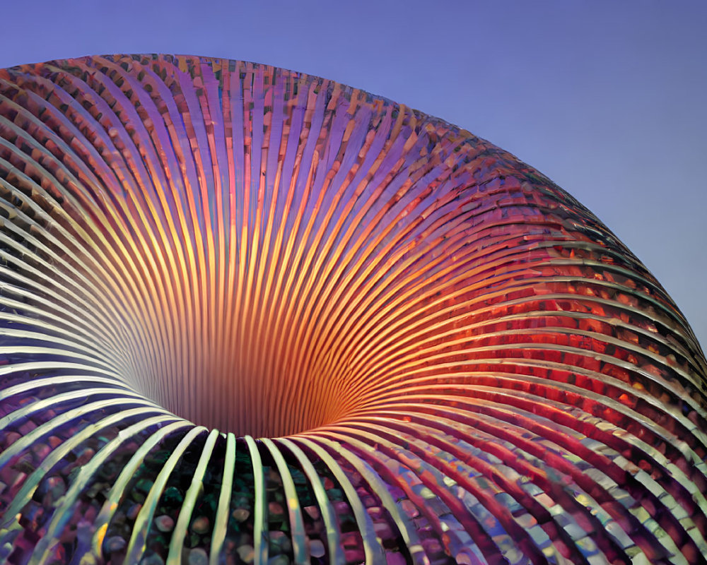 Circular Metal Sculpture with Intricate Pattern Against Gradient Sky