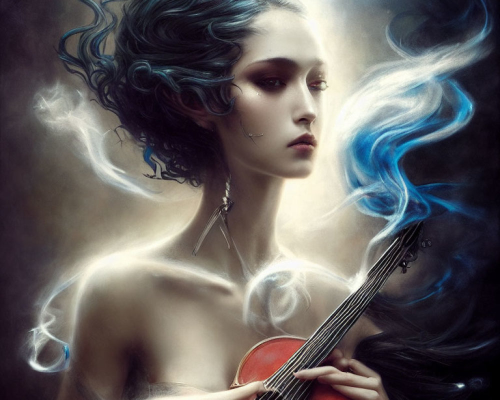 Whimsical artwork of person with blue-tinted hair holding guitar