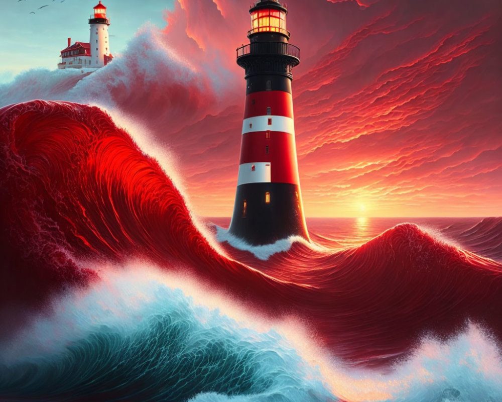 Vibrant artwork: lighthouse on cliff, red waves, dramatic sky.