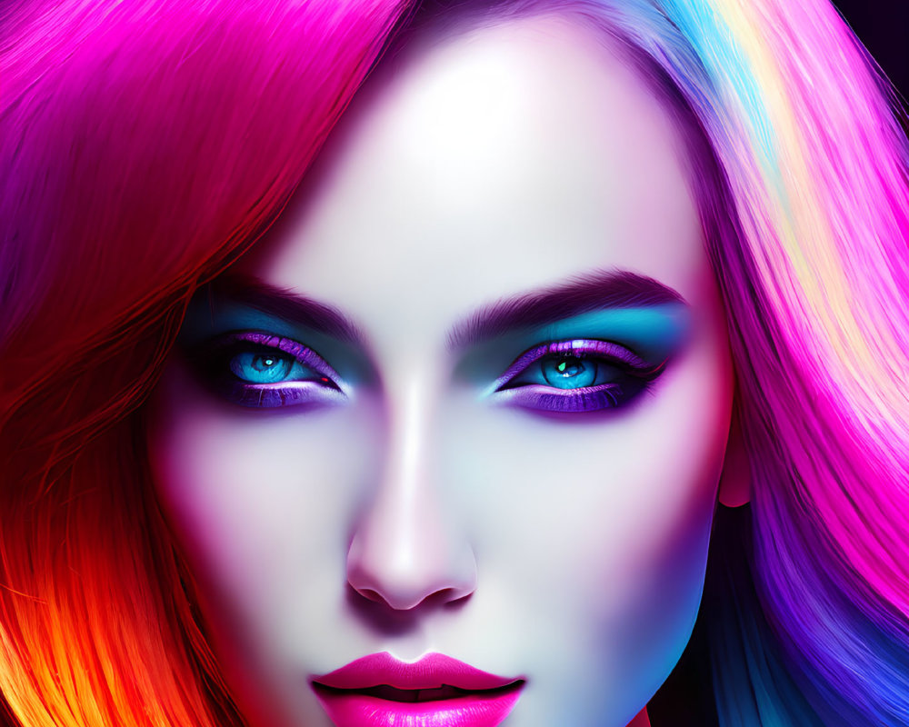 Colorful Woman Portrait with Blue Eye Makeup on Dark Background