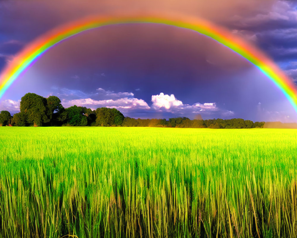 Colorful rainbow over green field with trees and dramatic sky.