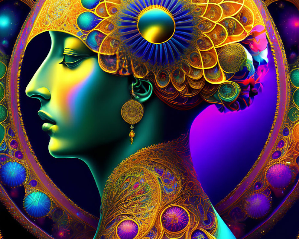 Colorful digital artwork of woman with ornate headdress and glowing skin surrounded by mandala patterns