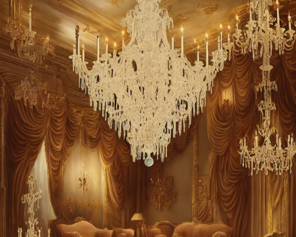 Luxurious room with crystal chandelier, heavy drapery, golden walls, and plush sofas