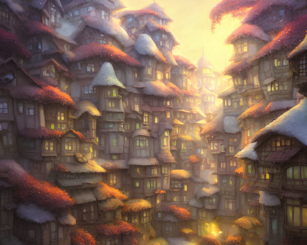 Snow-capped rooftops in enchanting village under golden sunset