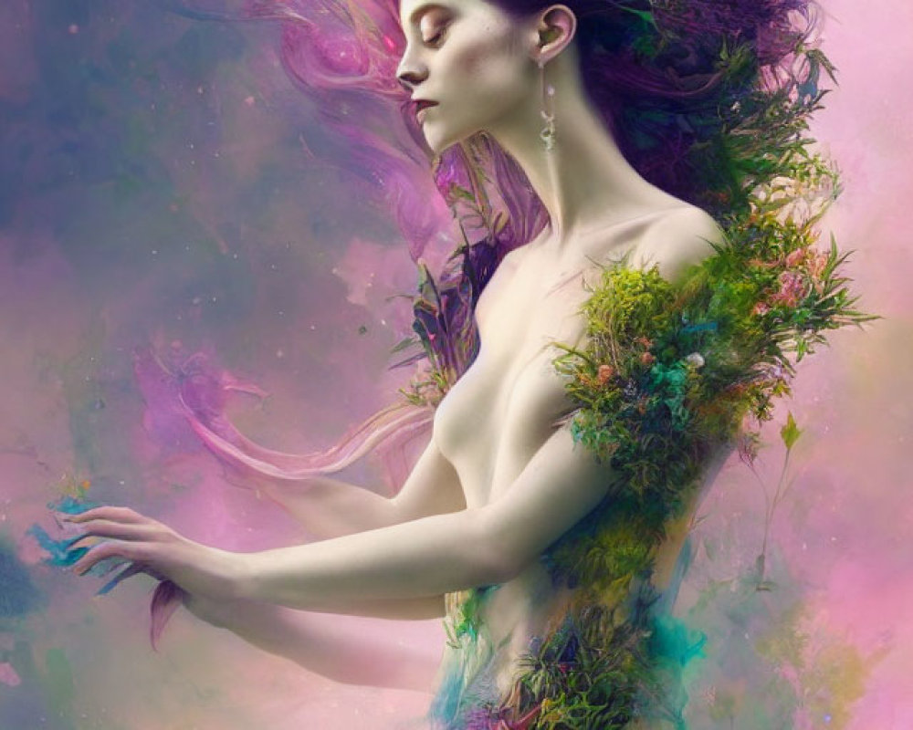 Vibrant digital artwork: Woman with swirling pink hair and foliage dress