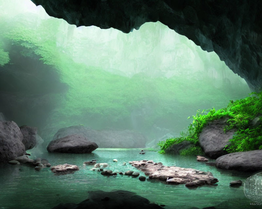 Tranquil pond in serene cave surrounded by rocks and lush green foliage