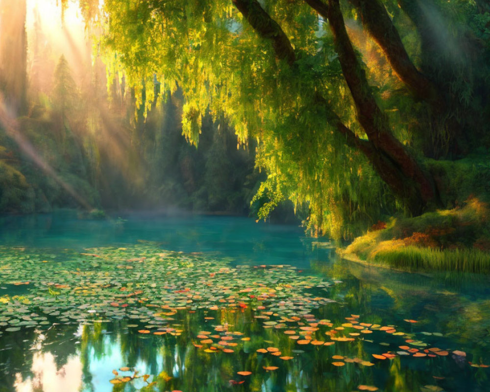 Tranquil lake scene with lily pads and lush greenery