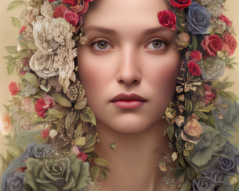 Colorful Rose Floral Wreath Portrait of Serene Woman