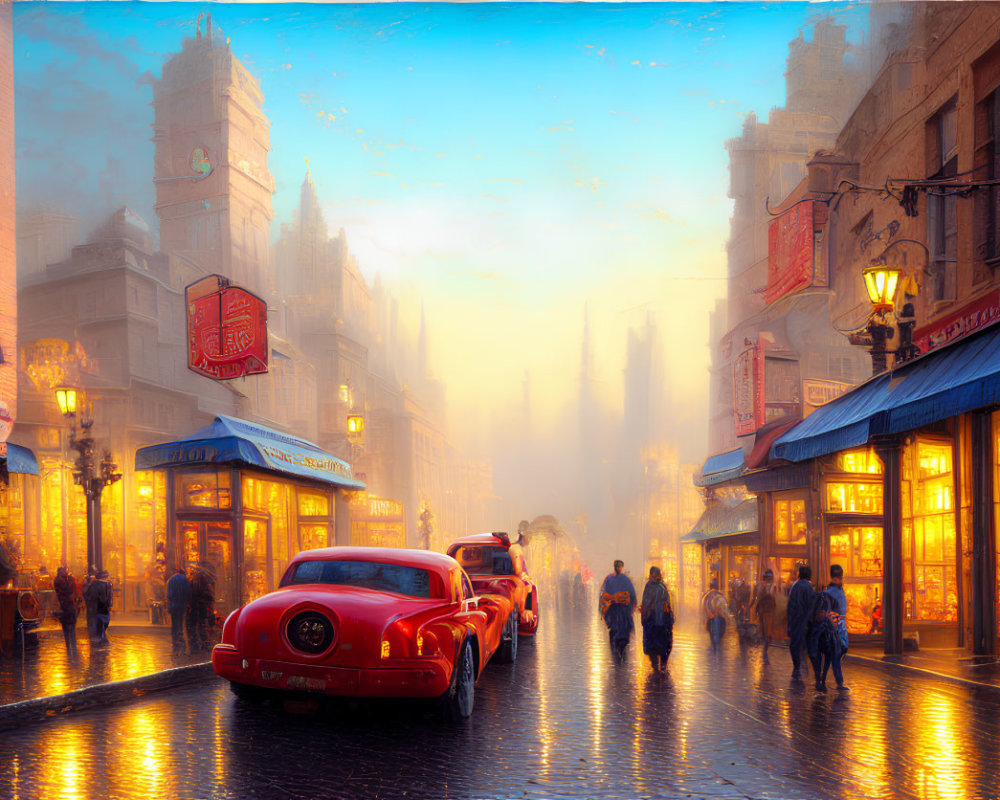 Vibrant street scene at dusk with vintage cars and historical architecture