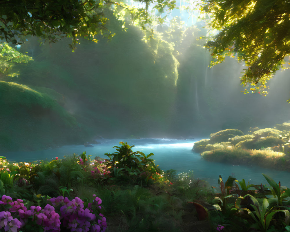 Tranquil forest scene with waterfall, vibrant flora, and sunbeams