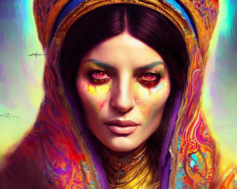 Vibrant digital artwork of a woman in culturally rich attire