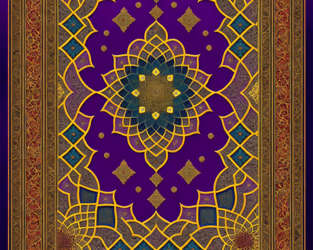 Geometric Islamic Mandala Design in Gold, Purple, and Blue