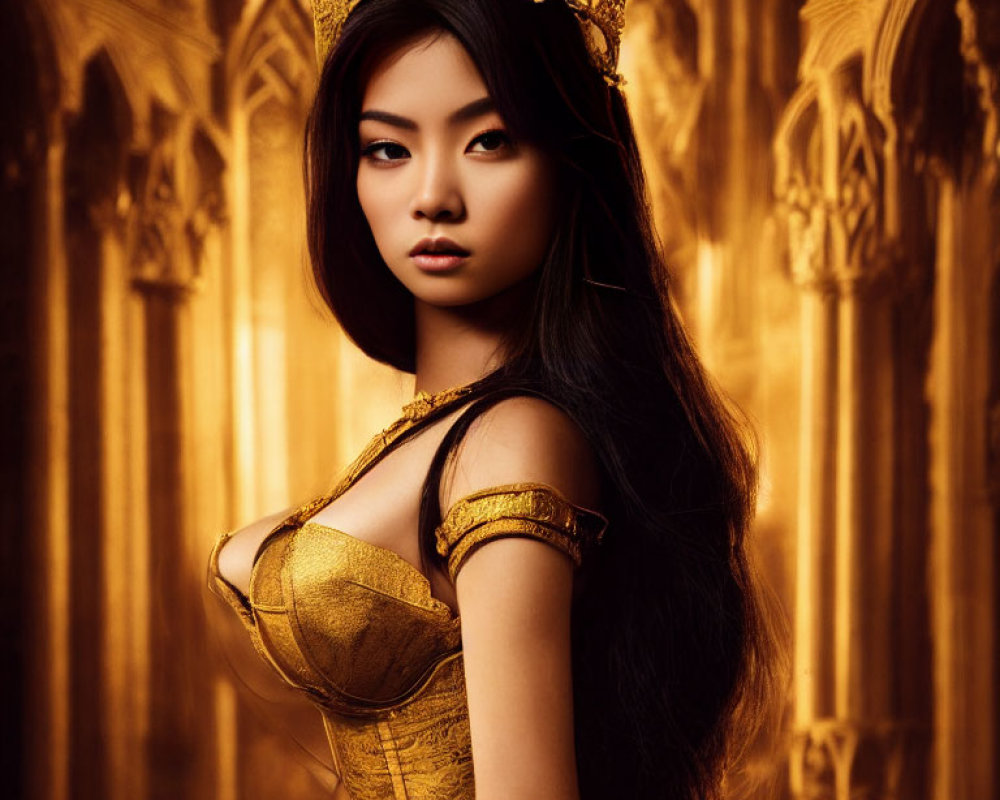 Regal woman in golden dress and crown before cathedral backdrop