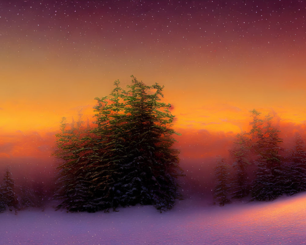 Snow-covered trees in scenic winter landscape at dusk with starry sky and colorful transition.