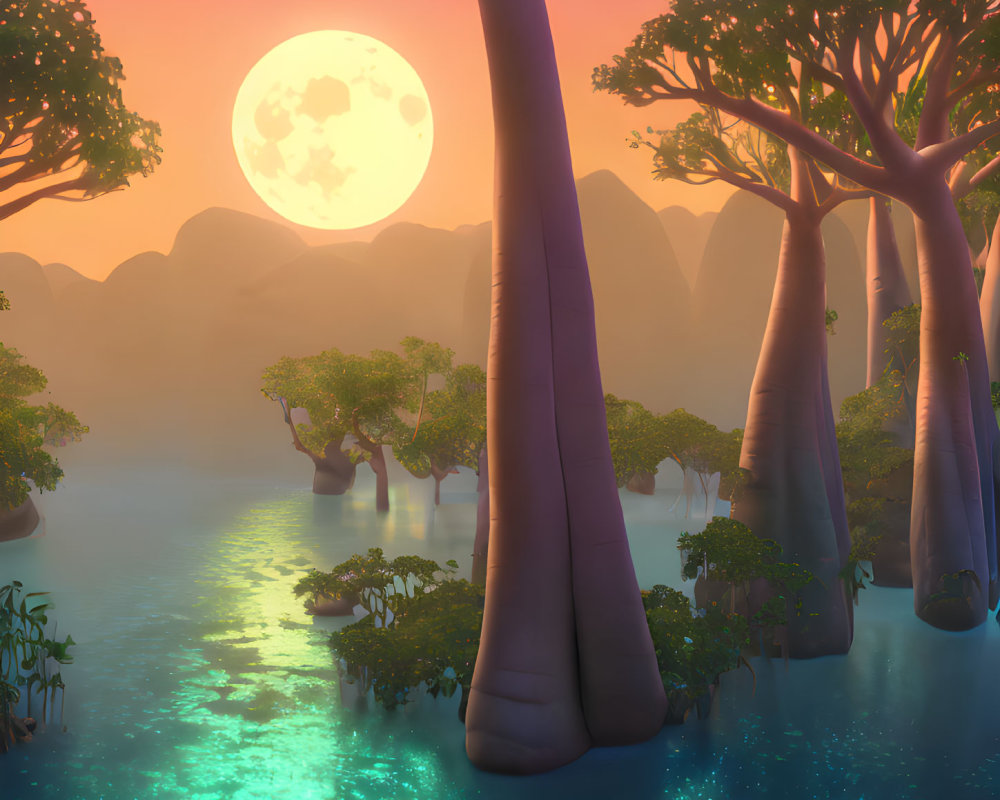 Fantasy landscape with luminescent waters, tall trees, and rising moon.