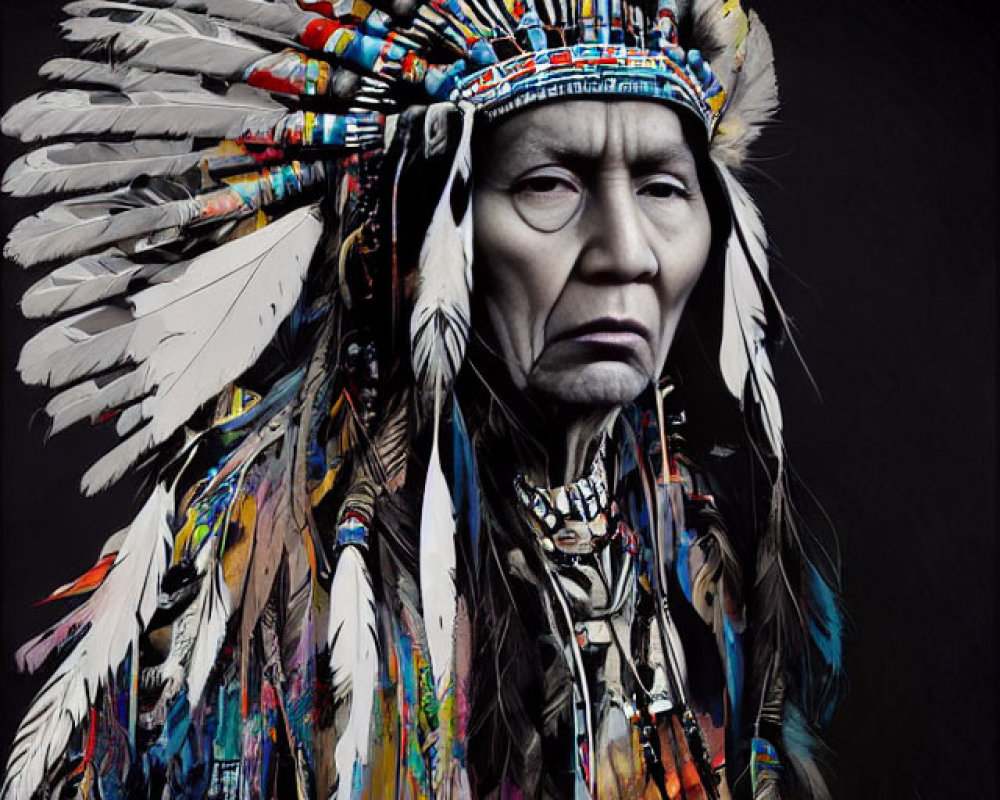 Colorful Native American headdress with feathers and beadwork on stern individual