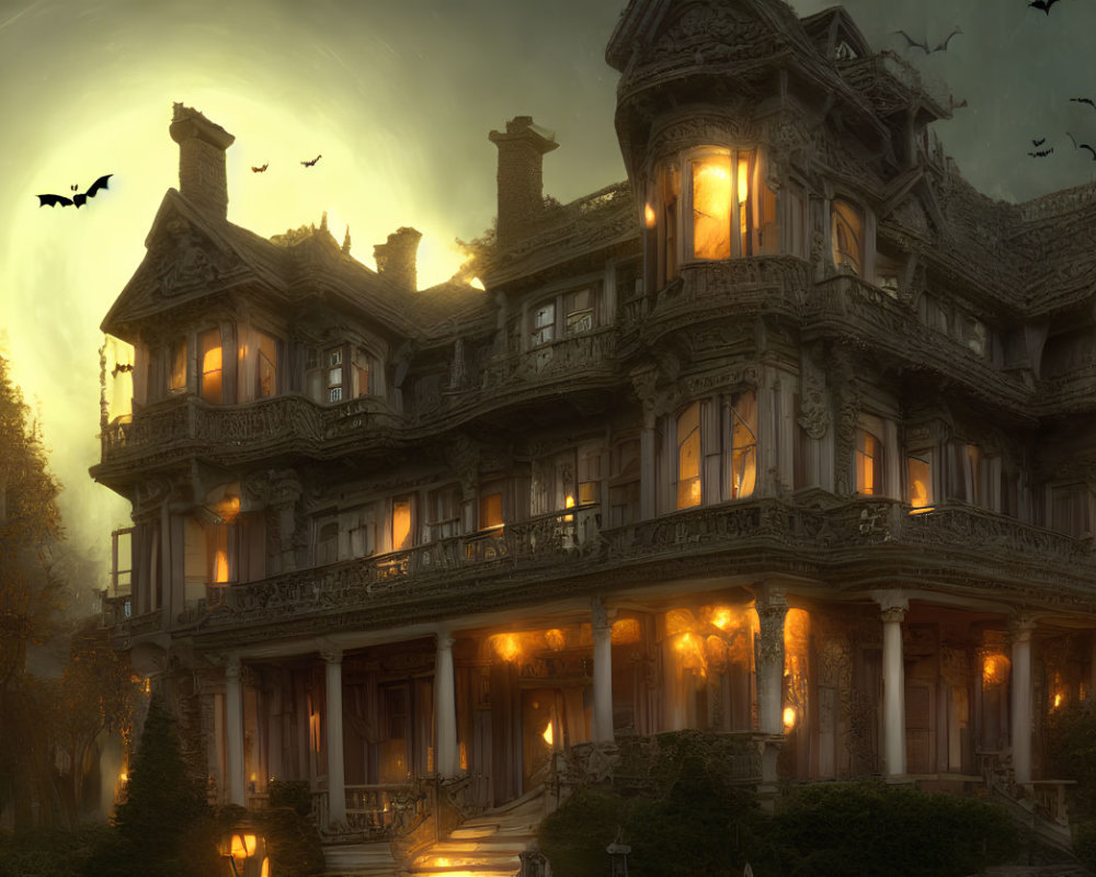 Victorian-style Mansion at Dusk with Warm Lights and Birds