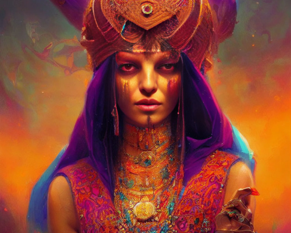 Vibrant digital artwork: woman with elaborate headdress and purple hair