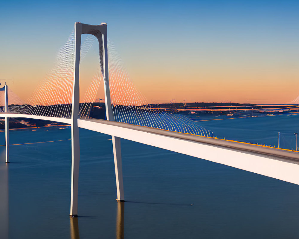 White Pylon Cable-Stayed Bridge Over Calm Waters at Golden Hour